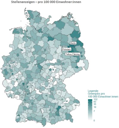 Karte mit Landkreisen und Zuordnung der Stellenanzeigen auf 100.000 Einwohner:innen