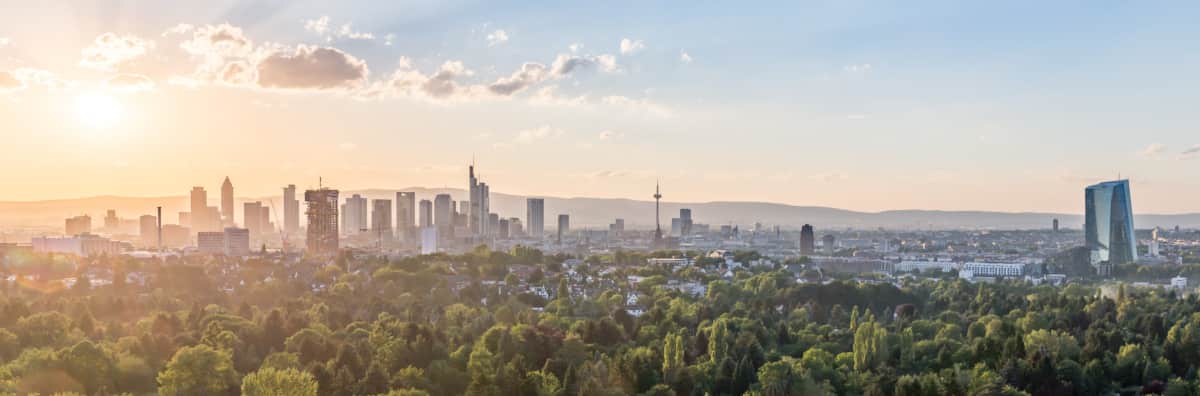 Skyline von Frankfurt. Im Vordergrund sattgrüne Bäume, im Hintergrund geht die Sonne über einer Hügelkette (Taunus) unter.